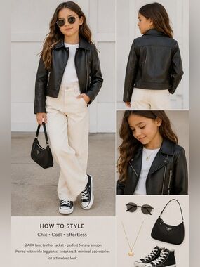 Zara Girls Size 10 black pleather Biker style Jacket